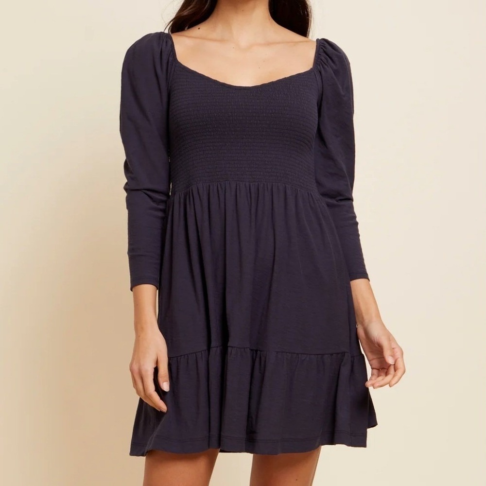 Nation LTD Noel Babydoll Dress XS Navy Pima Cotton Smocked Tiered Mini